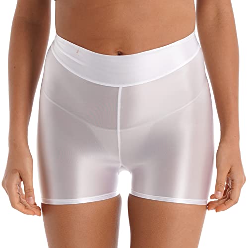 Aiihoo Damen Metallic Shorts High Waist Leggings Stretch Sporthose Shiny Yogahose Fitnesshose Kurz Hose Sportshorts Jogginghose Weiss A L von Aiihoo