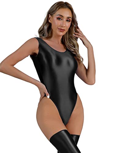 Aiihoo Damen Nylon Body Overall Glänzend Bodysuit Sportlich Jumpsuit ärmelloser Trikot Hight Cut Thong Badeanzug Bademode Swimwear Schwarz XL von Aiihoo