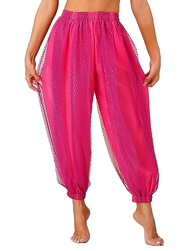 Aiihoo Damen Pailletten Pants Bauchtanz Hosen Pumphose Haremshose Tanzhose Party Leggings Tanzkleidung Loose Yoga Bloomers Hot Pink Einheitsgröße von Aiihoo