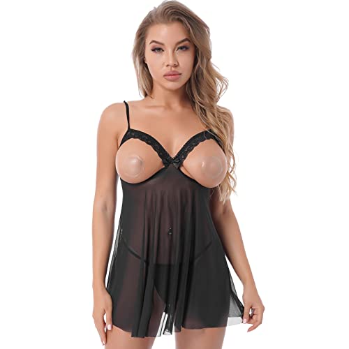 Aiihoo Damen Spitze Negligee V-Ausschnitt Babydoll Set Brustfrei BH Bra Nachthemd Nachtkleid Mit String Tanga Sexy Dessous Erotik Reizwäsche Lingerie Schwarz M von Aiihoo