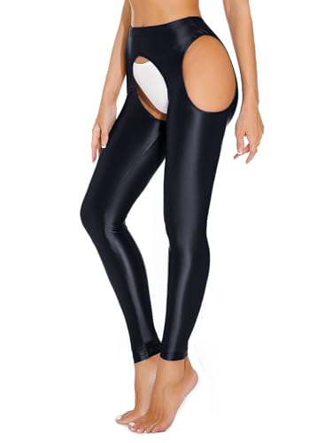 Aiihoo Damen Strumpfhosen Glänzend Strümpfe Offener Schritt Hose Hollow Out Leggings Feinstrumpfhose Nylon Lang Pants Schwarz XXL von Aiihoo