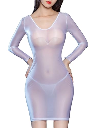 Aiihoo Damen Transparent Kleid Metallic Bodycon Durchsichtiges Kleid Kurzarm/Langarm Stretch Bleistiftkleid Knielang Nachtkleid Lingerie X Weiß One Size von Aiihoo