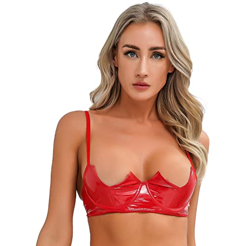 Aiihoo Damen Wetlook Crop Top Neckholder Brustfrei BH Weste Tank Tops Sexy Kurze Oberteil Kunstleder Schulterfrei Shirt Party Clubwear Rot E 5XL von Aiihoo