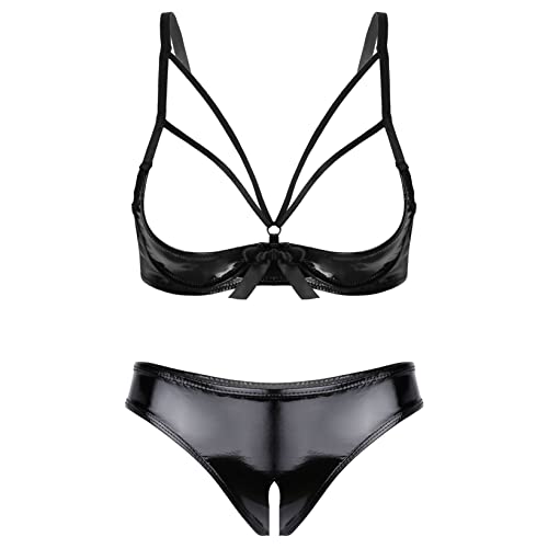 Aiihoo Damen Wetlook Dessous Set Lackleder BH Bra Ouvert String Bikini Slip Negligee Erotik Reizwäsche Gogo Clubwear Schwarz B L von Aiihoo