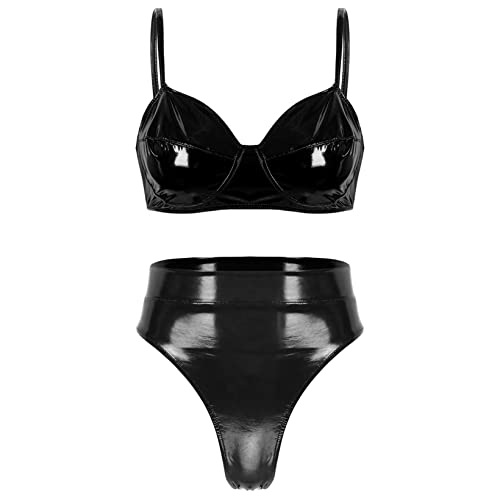 Aiihoo Damen Wetlook Dessous Sexy Lingerie Set PU-Leder Push up BH Bra Lackleder Slips Erotische Reizwäsche Unterwäsche Clubwear Schwarz 4XL von Aiihoo