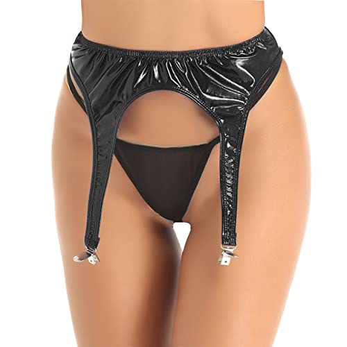 Aiihoo Damen Wetlook Strumpfgürtel Strumpfhalter Strapsgürtel mit 4 Metall Clips Stretch Strumpfband Lack Leder Dessous Gogo Outfit Clubwear Schwarz Einheitsgröße von Aiihoo