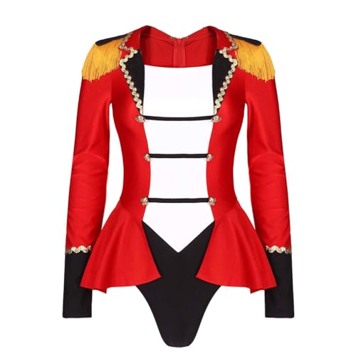 Aiihoo Damen Zirkus Kostüm Lackleder Bodysuit Langarm Pailletten Patchwork Body Trikot Catsuit Halloween Karneval Fasching Verkleidung Rot D L von Aiihoo