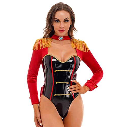 Aiihoo Damen Zirkus Kostüm Lackleder Bodysuit Langarm Pailletten Patchwork Body Trikot Catsuit Halloween Karneval Fasching Verkleidung Z Rot&Schwarz M von Aiihoo