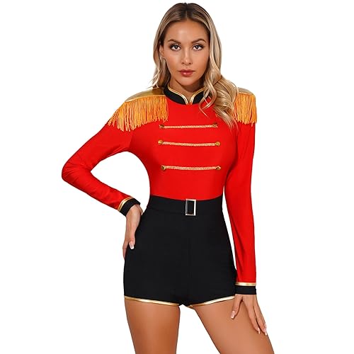 Aiihoo Damen Zirkus Kostüm Lackleder Bodysuit Langarm Pailletten Patchwork Body Trikot Catsuit Halloween Karneval Fasching Verkleidung Y Rot L von Aiihoo