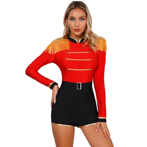 Aiihoo Damen Zirkus Kostüm Lackleder Bodysuit Langarm Pailletten Patchwork Body Trikot Catsuit Halloween Karneval Fasching Verkleidung Y Rot S von Aiihoo