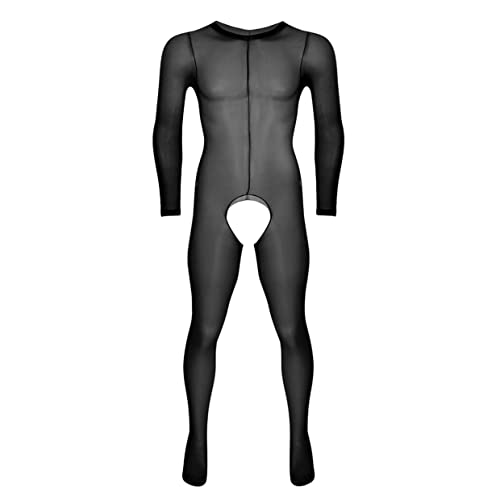 Aiihoo Herren Body Overal Jumpsuit Mesh Strumpfhosen mit offen Schritt Ganzkörper Anzug Bodysuit Erotik Dessous Schlafanzug Nachtwäsche Schwarz Einheitsgröße von Aiihoo