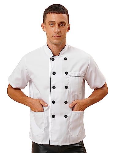 Aiihoo Herren Chef Jacke Köche Küchen Uniform mit Tasche Kurzarm Kochkleidung Unterhemden Sommer Bluse Kochjacke Weiß schwarz M von Aiihoo