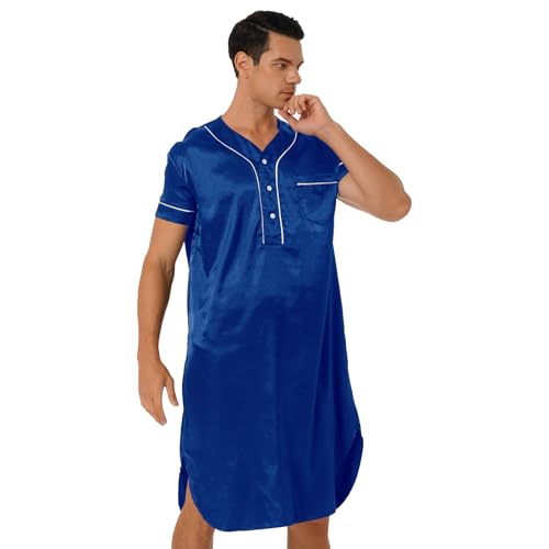 Aiihoo Herren Damen Kurz Schlafanzug Nachtwäsche Satin Kurzarm Nachthemd Einteiliger Schlafshirt Schlafkleid Pyjama Negligee Sleepwear C Königsblau L von Aiihoo