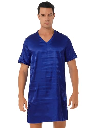 Aiihoo Herren Damen Kurz Schlafanzug Nachtwäsche Satin Kurzarm Nachthemd Einteiliger Schlafshirt Schlafkleid Pyjama Negligee Sleepwear Königs Blau XXL von Aiihoo