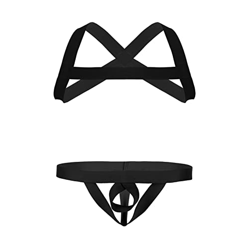 Aiihoo Herren Elastische Nylon Brust Harness Geschirr Brustgurt und Jockstrap Ouvert Slip Mit O-Ring Bandage Unterwäsche Dessous Set Schwarz E Einheitsgröße von Aiihoo