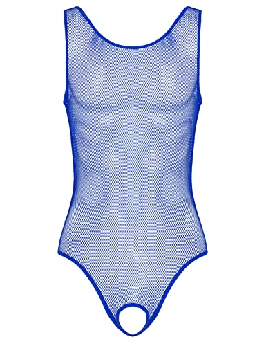 Aiihoo Herren Mesh Body Transparent Bodysuit Sexy Jumpsuit Ärmellos Overall High Cut Stringbody Männer Unterhemd Erotik Dessous Unterwäsche A Blau XXL von Aiihoo