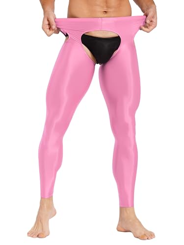 Aiihoo Herren Strumpfhosen Glänzende Ouvert Hose Pantyhose Tight Leggings Pants mit offenem Schritt Unterhosen Sexy Dessous Unterwäsche Rosa Einheitsgröße von Aiihoo