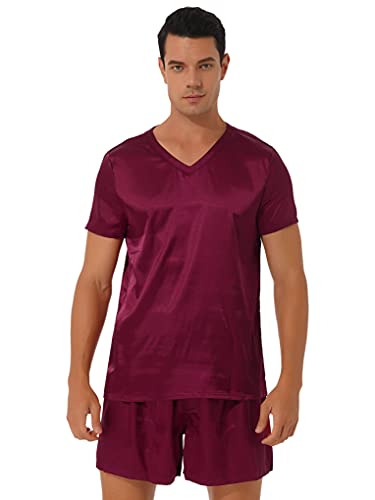 Aiihoo Herren Satin Nachtwäsche Zweiteiliger Schlafanzug Einfarbig Pyjamas Set Kurzarm T-Shirt Hemd und Shorts Kurz Hose Sommer Loungewear Burgund XL von Aiihoo