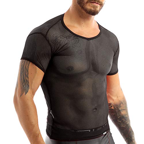 Aiihoo Herren Shirts Mesh Unterhemd Durchsichtig Kurzarm T-Shirts Tops Reizvoll Muskelshirt Netzhemd Perspektive Reizwäsche Clubwear Schwarz 3XL von Aiihoo