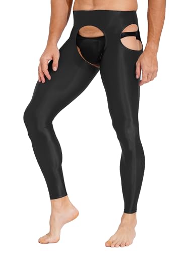 Aiihoo Herren Strumpfhosen Glänzende Ouvert Hose Pantyhose Tight Leggings Pants mit offenem Schritt Unterhosen Sexy Dessous Unterwäsche Schwarz Einheitsgröße von Aiihoo