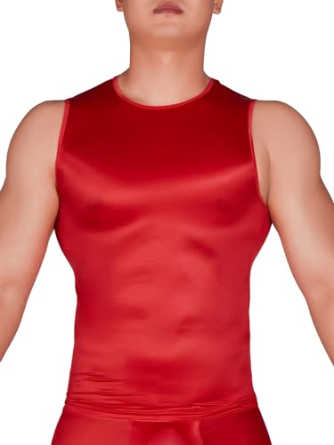 Aiihoo Herren Tank Top Transparent T Shirt Ärmellos Nylon Unterhemd Mesh Muskelshirt Glänzend Tops Unterwäsche Reizwäsche Party Clubwear Rot Einheitsgröße von Aiihoo