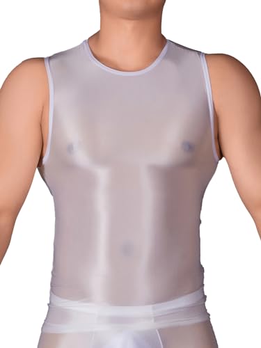 Aiihoo Herren Tank Top Transparent T Shirt Ärmellos Nylon Unterhemd Mesh Muskelshirt Glänzend Tops Unterwäsche Reizwäsche Party Clubwear Weiß Einheitsgröße von Aiihoo