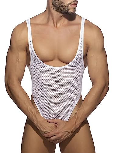 Aiihoo Herren Transparent Body Ärmellos Bodysuit Spitze Overall Tanga Thong Reizwäsche Nachtwäsche Clubwear Weißer Diamant XL von Aiihoo