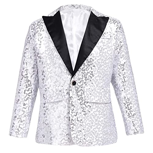 Aiihoo Kinder Jungen Sakko Glänzend Pailletten Langarm Blazer Slim Fit Smoking Jacke mit Reverskragen Hochzeit Geburtstag Anzugjacke Silber 134-140 von Aiihoo