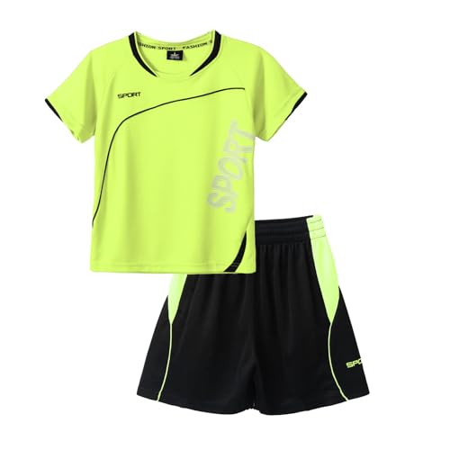 Aiihoo Kinder Sportkleidung Set Jungen Zweiteiler Kurz Loose Fit Sportanzuzg Atmungsaktives Trainingsanzug Jogginganzug Basketball Fitness Sportswear H Leuchtendes Grün 122-128 von Aiihoo