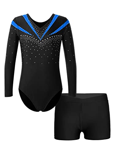 Aiihoo Mädchen Turnanzug Langarm Glänzende Tanzbody mit Strass und Shorts Tanzbody Trikotbody Tanzkleidung Tanz Gymnastik Trikots Tanzkostüm S Blau 134-140 von Aiihoo