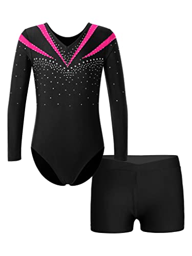 Aiihoo Mädchen Turnanzug Langarm Glänzende Tanzbody mit Strass und Shorts Tanzbody Trikotbody Tanzkleidung Tanz Gymnastik Trikots Tanzkostüm S Hot Pink 134-140 von Aiihoo