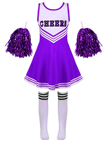 Aiihoo Mädchen Cheer Leader Faschingskostüme Ärmellos Tanzkleid mit Pompoms Cheerleaderling Outfit Tanzbekleidung Karneval Fasching Party Kostüm B Violett 134-140 von Aiihoo