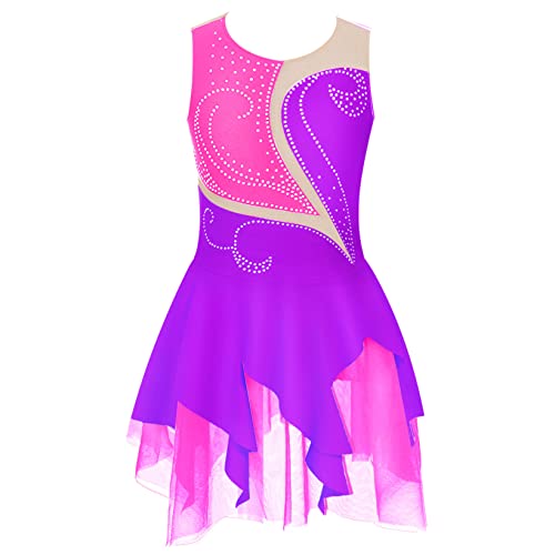 Aiihoo Mädchen Eiskunstlauf Kleid Ärmellos Rollschuhkleid Glitzer Ballettkleid Tanzkleid Ballett Tanz Trikot Wettbewerb Tanzbekleidung Violett 146-152 von Aiihoo