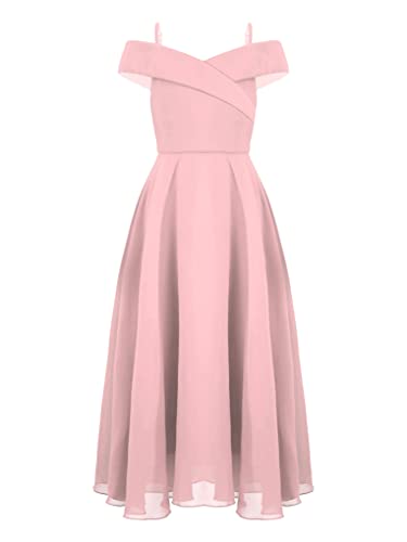 Aiihoo Mädchen Festlich Kleid Chiffon Prinzessin Kleider Elegant Abendkleid Schulterfrei Blumenmädchenkleid Hochzeit Brautjungfer Partykleid Rosa 170-176 von Aiihoo