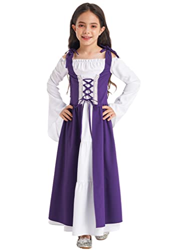 Aiihoo Mädchen Mittelalter Kleid Renaissance Prinzessin Kleider für Halloween Karneval Gothic Cosplay Partykleid mit Trompetenärmel Vintage Maxikleid Violett 146-152 von Aiihoo