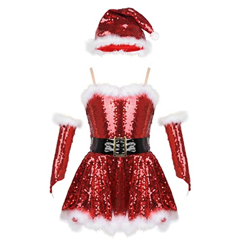 Aiihoo Mädchen Pailletten Weihnachtskleider Festlich Kleider mit Weihnachtsmütze Armstulpen Set Glänzend Ballettkleid Tanzkleid Partykleid Weihnachtsoutfits Dancewear Rot 146-152 von Aiihoo