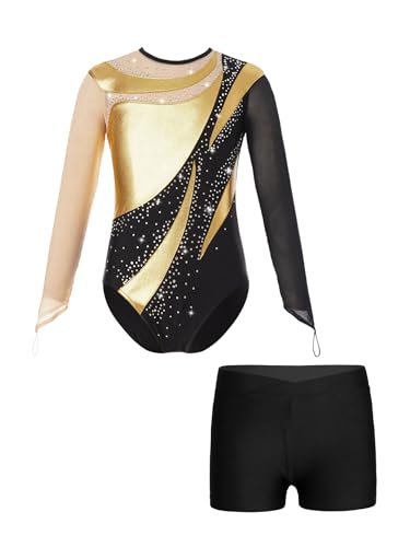 Aiihoo Mädchen Turnanzug Langarm Glänzende Tanzbody mit Strass und Shorts Tanzbody Trikotbody Tanzkleidung Tanz Gymnastik Trikots Tanzkostüm W Gold 134-140 von Aiihoo