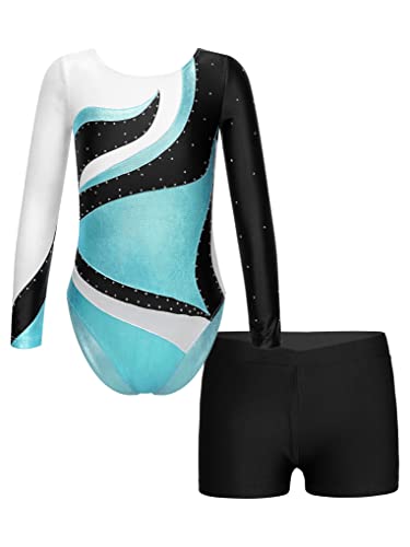 Aiihoo Mädchen Turnanzug Langarm Patchwork Tanzbody Glänzende Tanzbody mit Strass und Shorts Ballet Tanzkleidung Ballettanzug Gymnastikanzug B Blauer See 134-140 von Aiihoo