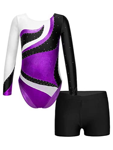 Aiihoo Mädchen Turnanzug Langarm Patchwork Tanzbody Glänzende Tanzbody mit Strass und Shorts Ballet Tanzkleidung Ballettanzug Gymnastikanzug B Violett 146-152 von Aiihoo