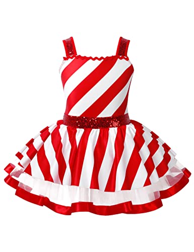 Aiihoo Mädchen Weihnachten Kostüm Kleinkinder Zuckerstange Kostüm Ärmellos Streifen Tutu Ballettkleid Vintage Partykleid Tanzkostüm Geburstag Performance Rot 140-146 von Aiihoo