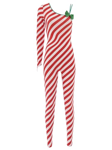 Aiihoo Weihnachten Kostüm Damen Gymnastikanzug Langarm Zuckerstangen Turnanzug One Shoulder Weihnachts Jumpsuit Overalls Tanzkleidung Wettkampf Rot M von Aiihoo