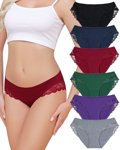 Aijolen Baumwolle Unterwäsche Damen Slips Spitze Unterhosen Bequeme Hipster Panties 6er Pack von Aijolen