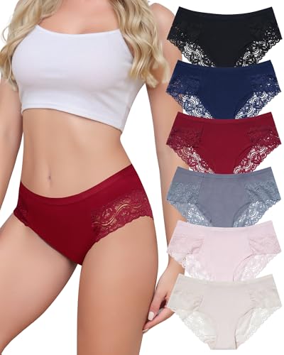 Aijolen Unterhosen Damen Baumwolle Slips mit Spitze Unterwäsche Frauen Bequeme Hipster Mittel Taille Panties Atmungsaktiv Weiche 6er Pack von Aijolen