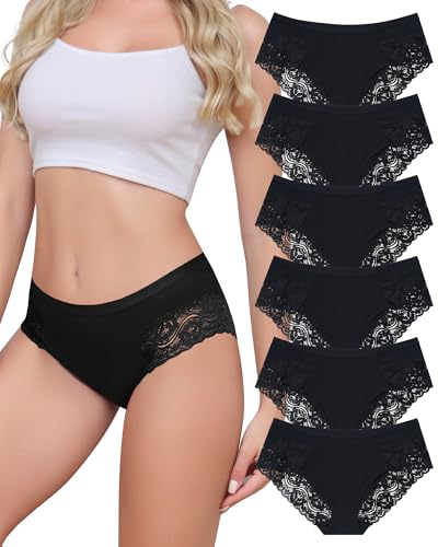 Aijolen Unterhosen Damen Baumwolle Slips mit Spitze Unterwäsche Frauen Bequeme Hipster Mittel Taille Panties Atmungsaktiv Weiche Höschen 6er Pack von Aijolen