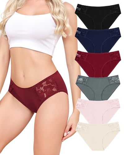 Aijolen Unterhosen Damen Baumwolle Slips Spitzen Unterwäsche Frauen Bequeme Hipster Mittel Taille Panties Atmungsaktiv Weiche Brazilian Slip Mehrpack 6er S-XXL von Aijolen