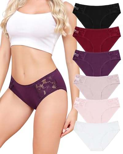 Aijolen Unterhosen Damen Baumwolle Slips Spitzen Unterwäsche Frauen Bequeme Hipster Mittel Taille Panties Atmungsaktiv Weiche Brazilian Slip Mehrpack 6er S-XXL von Aijolen