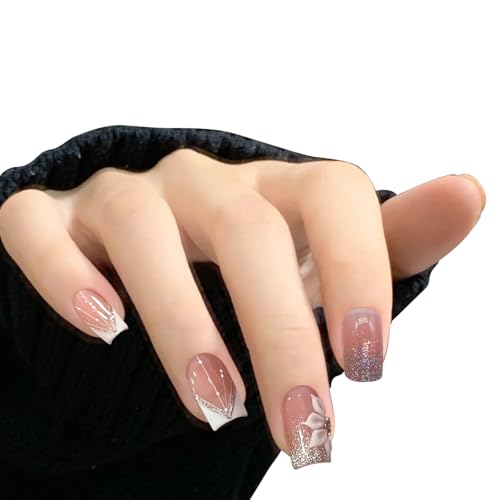 Aikeis 24 Stück French Square Press Nägel mit Glitzer Pailletten Glitzer French Falsche Nägel Künstliche Acryl Nagelaufkleber Damen Mädchen von Aikeis