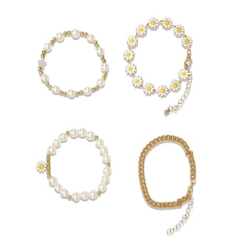 Aikeis 4-teiliges weißes kleines Gänseblümchen-Strandarmband, Sterne und Perlen, Damen- und Mädchen-Armband-Set, Gänseblümchen-Strandarmband, gestapelte Perlen von Aikeis