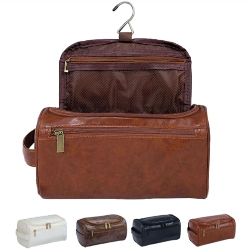 Kulturbeutel Herren PU-Leder,Kulturbeutel Herren zum Aufhängen,Reise Kosmetiktasche Groß,wasserdichte Waschtasche Herren Damen,Kulturtasche Herren,Toiletttasche Männer Schminktasche (Tawny) von Aikelai