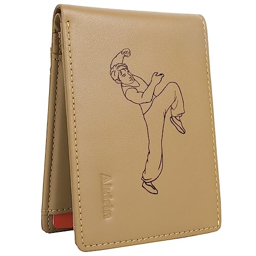 Aikirin Kreative Männer Malerei Brieftasche Echtes Leder RFID Bifold Schlank Geld Clip Handgemalte Karten Halter für Männer, khaki-kung fu Betrunkene Faust, Kreativ handbemalt von Aikirin